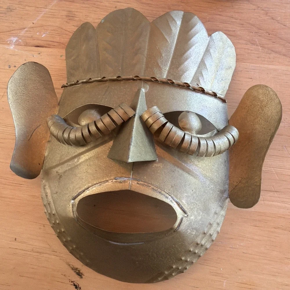 3 VNTG Mexican Tin Metal Masks Beaded Eyes Folk Art Primitive Style Tribal 6